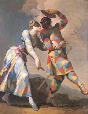 Giovanni Domenico Ferretti Gemalde des italienischen Malers Giovanni Domenico Ferretti. Motiv Arlecchino Harlekin und Colombina Germany oil painting art